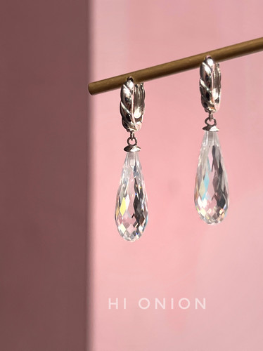 Hi Onion原创小众超闪透明锆石水滴耳环S925银耳扣耳夹个性高级