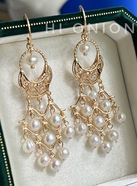 Hi Onion《芭蕾女孩》原创小众金色珍珠流苏法式复古轻奢耳环耳夹