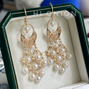 芭蕾女孩 原创小众金色珍珠流苏法式 复古轻奢耳环耳夹 Onion