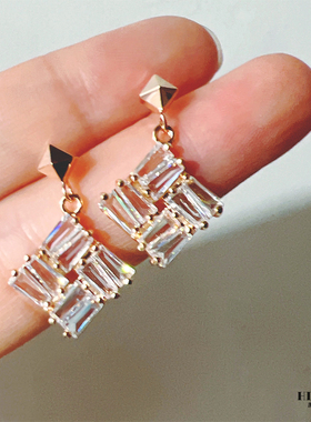 Hi Onion原创设计午夜巴黎 小众复古银镀金耳钉菱形耳夹超闪优雅