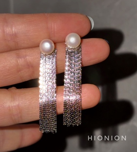 原创小众长款 流苏天然珍珠耳钉复古超闪耳夹 新桥恋人 HiOnion