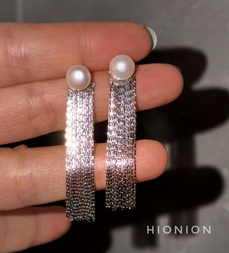 HiOnion《新桥恋人》原创小众长款流苏天然珍珠耳钉复古超闪耳夹
