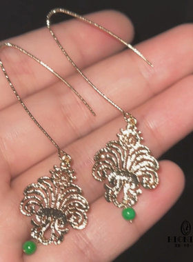 Hi Onion小众设计复古蕾丝长款耳环镀金新中式翡翠耳夹古典耳饰