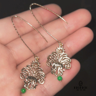 Hi Onion小众设计复古蕾丝长款耳环镀金新中式翡翠耳夹古典耳饰