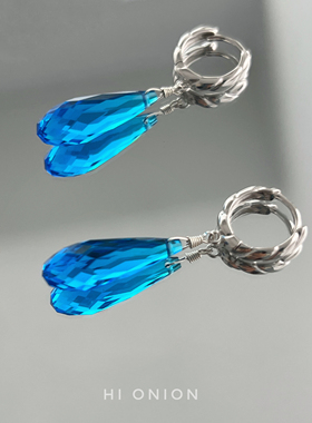 Hi Onion原创小众复古果冻海蓝水滴耳环S925银耳扣耳夹个性高级