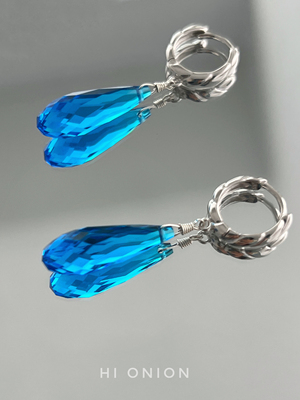 Hi Onion原创小众复古果冻海蓝水滴耳环S925银耳扣耳夹个性高级