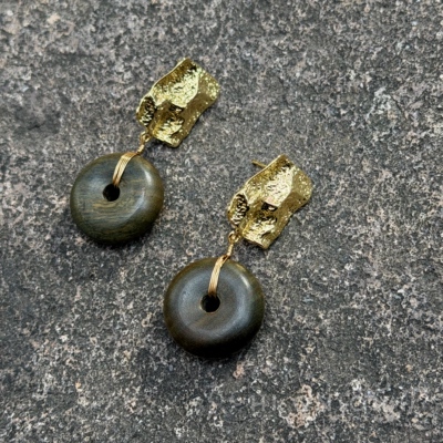 HiOnion 原创天然绿檀木镀金耳钉新中式耳夹个性国风男女耳环