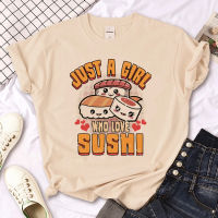 Sushi T-shirt: A personalized cartoon sushi print short-sleeved T-shirt for women, a khaki round-neck top T-shirt thumbnail 8