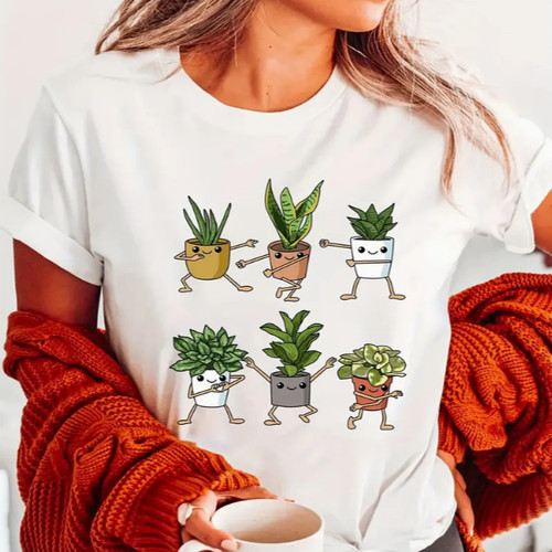 Funny Plant T shirt 个性趣味盆栽绿植印花T恤女夏季打底上衣服