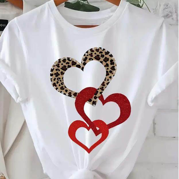 Heart T shirt 个性豹纹爱心印花T恤女士简约款短袖百搭体恤衫