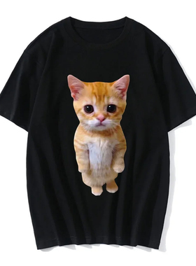 Cat T shirt 黑色T恤女夏季卡通可爱猫咪印花休闲大码T恤短袖装
