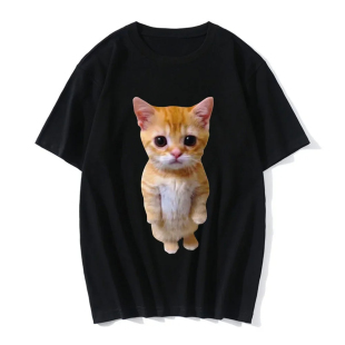 黑色T恤女夏季 shirt 卡通可爱猫咪印花休闲大码 T恤短袖 Cat 装