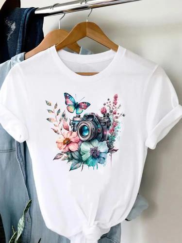 Camera Butterfly Lovely T shirt 时尚蝴蝶相机印花女士短袖T恤