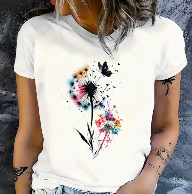 Dandelion T shirt 夏季女装新潮蒲公英蜻蜓印花短袖T恤宽松体恤