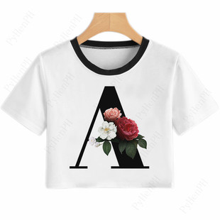 English Letters T Shirt Crop Top 26英文字母露脐T恤短款T恤女