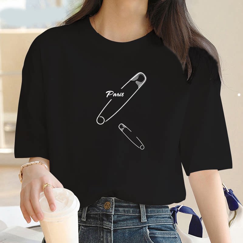Pin T shirt 新款创意别针印花T恤小众风女士夏季圆领短袖打底衫