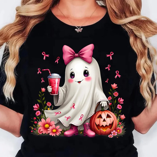In October We Wear Pink T shirt 万圣节卡通幽灵T恤女短袖上衣