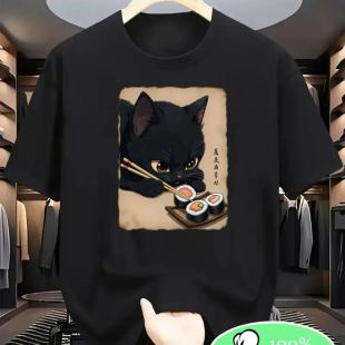 女装 shirt T恤女大码 夏体恤 卡通可爱猫咪寿司印花圆领短袖 Cat