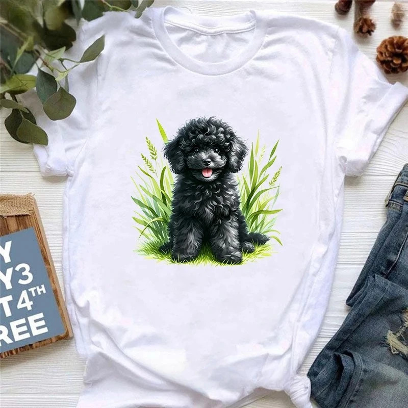 Cute Dog T shirt 卡通可爱毛绒绒狗狗印花T恤女夏季休闲亲子装