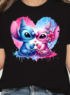 Stitch T shirt 新款卡通星际宝贝印花女士夏季T恤休闲黑色上衣