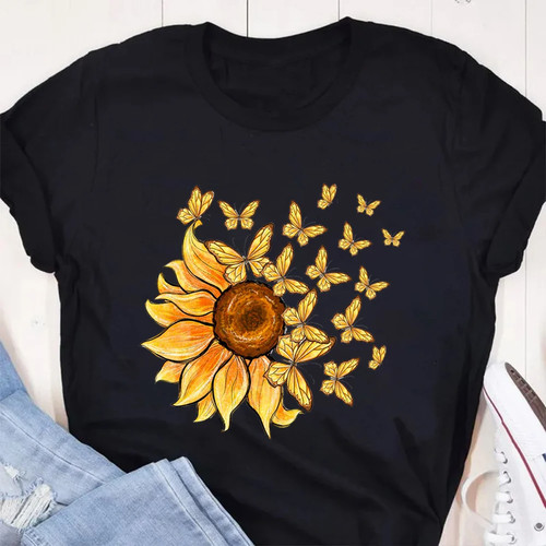 Golden Sunflower T shirt 时尚太阳花向日葵印花短袖T恤黑色体恤