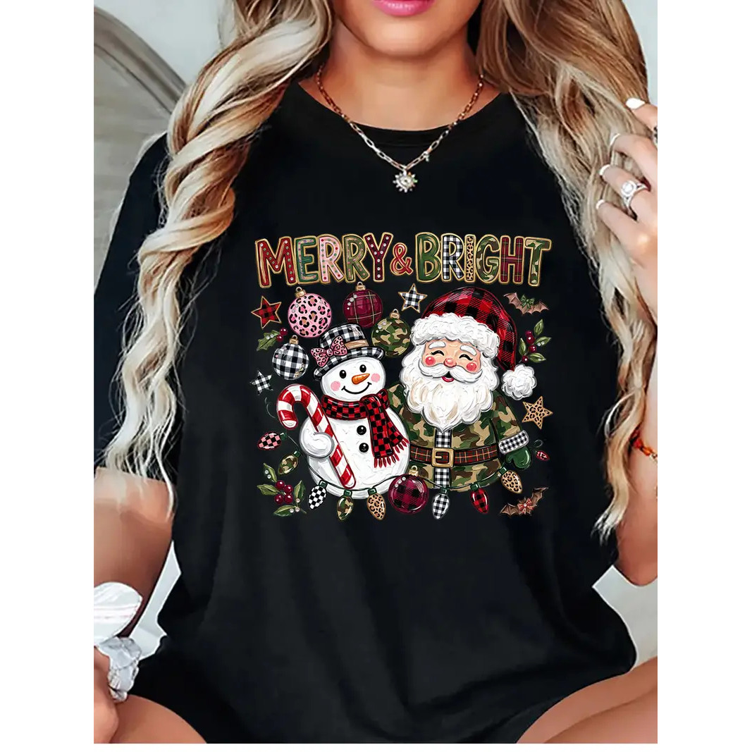 Merry Bright T shirt 新款圣诞节圣诞老人雪人印花节日装扮T恤