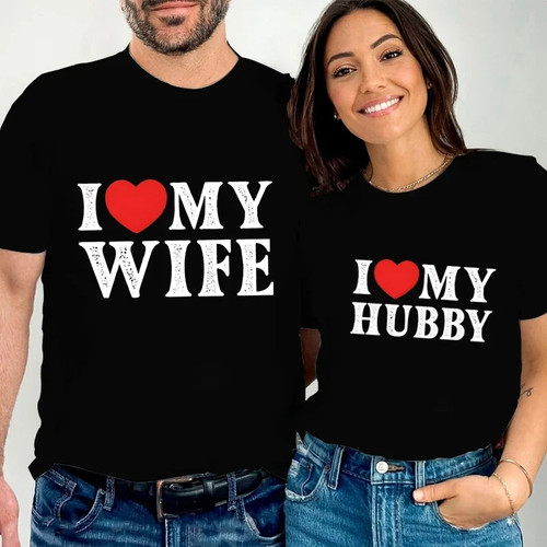 I Love My Wife Hubby T shirt 时尚我爱妻子/老公印花T恤家庭装
