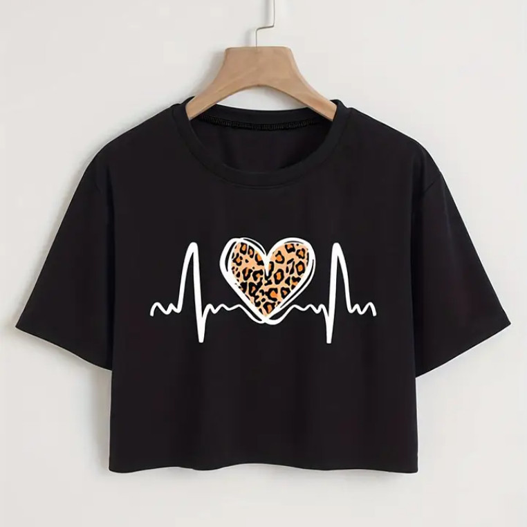 Heart T shirt 新款爱心心电图印花露脐短款T恤女性感上衣打底衫
