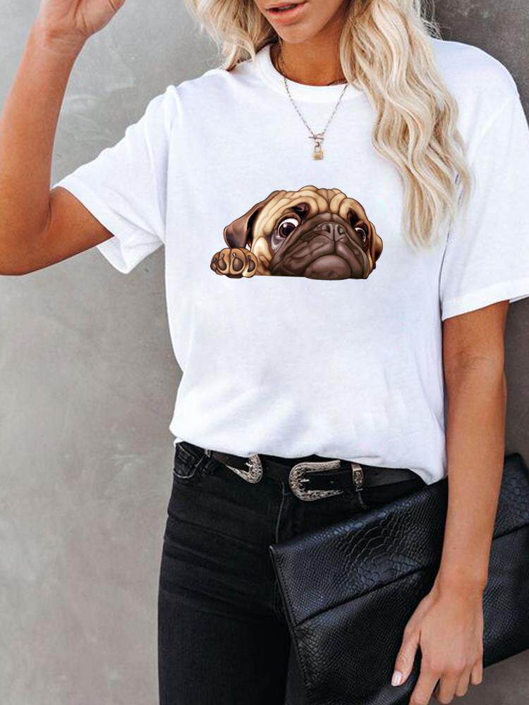 Dog Face T shirt 卡通斗牛犬狗狗印花T恤女士夏季初春短袖体恤