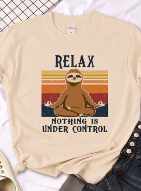 Sloth T shirt 夏季女装时尚卡通树懒印花卡其色圆领短袖T恤女