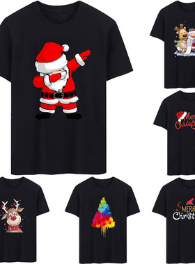 Christmas T-shirt 圣诞节圣诞老人麋鹿T恤女短袖黑色儿童亲子装