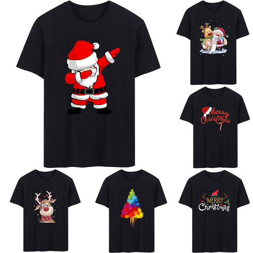 Christmas T-shirt 圣诞节圣诞老人麋鹿T恤女短袖黑色儿童亲子装