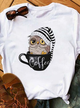 Owl T shirt Women 2023新款卡通猫头鹰短袖T恤女夏季白色打底T恤