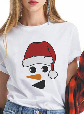 Snow Man T shirt 可爱圣诞节雪人印花女士T恤短袖白色百搭亲子装
