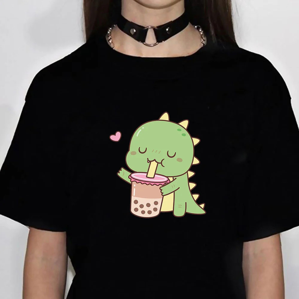 Bubble Tea T shirt 卡通恐龙奶茶印花黑色短袖上衣休闲亲子装
