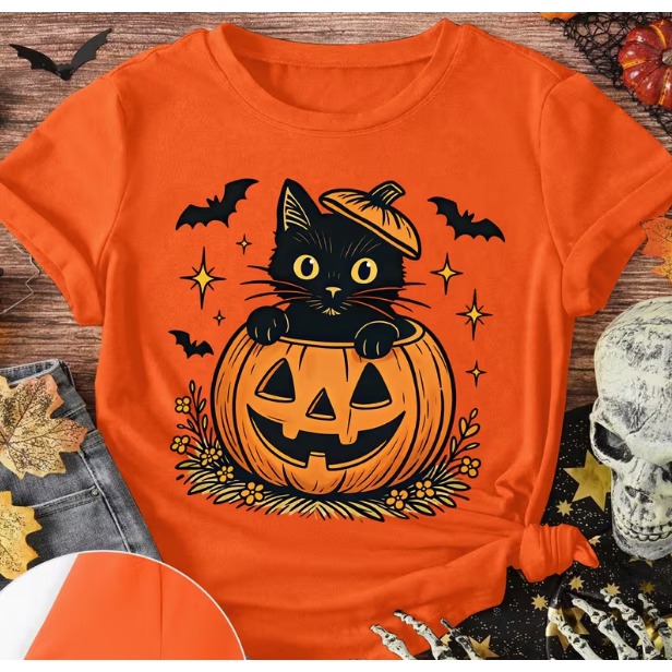 Halloween Cat T shirt 欧美风猫咪南瓜印花万圣节T恤女圆领上衣