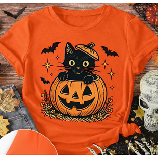 Halloween Cat T shirt 欧美风猫咪南瓜印花万圣节T恤女圆领上衣
