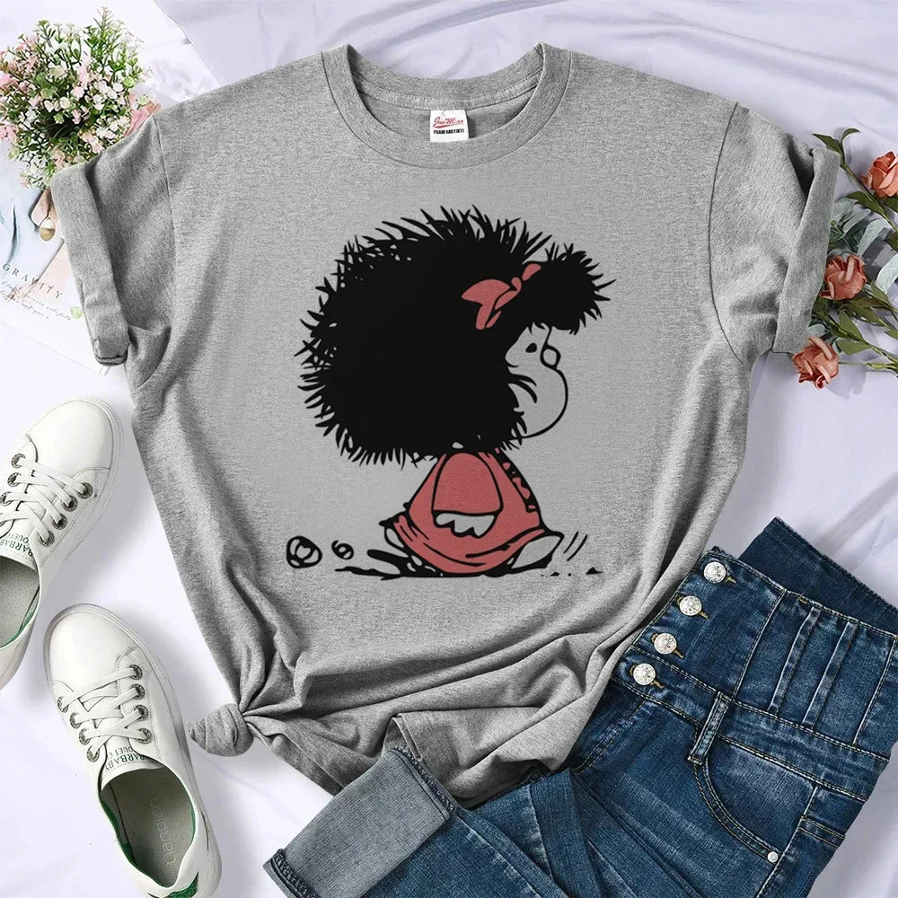 Cartoon Girl T shirt 卡通可爱女孩玛法达印花T恤小众风灰色上衣
