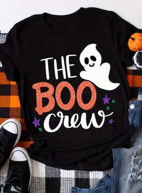 Halloween BOO T shirt 万圣节可爱鬼印花黑色短袖大码T恤亲子装