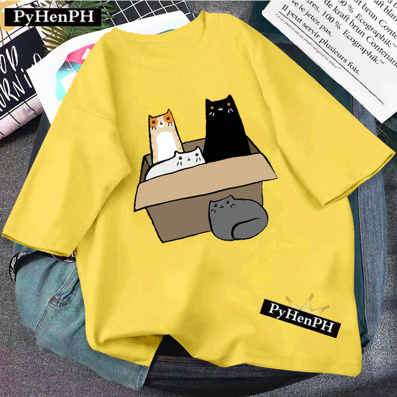 Cute Cat T shirt 卡通可爱猫咪T恤女夏季大码黄色圆领体恤亲子装