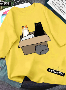 Cute Cat T shirt 卡通可爱猫咪T恤女夏季大码黄色圆领体恤亲子装