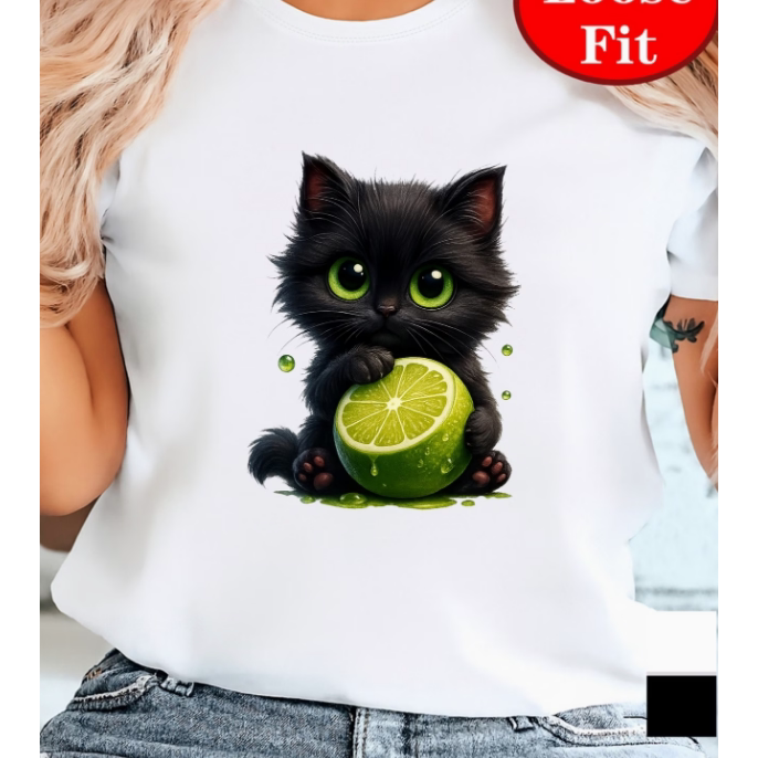 Cat T shirt 治愈系抱柠檬小黑猫印花T恤日系软妹短袖ins超火上衣