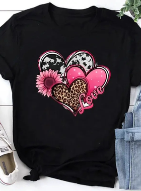 Heart & Sunflower T shirt 夏季女装T恤爱心太阳花印花女士T恤