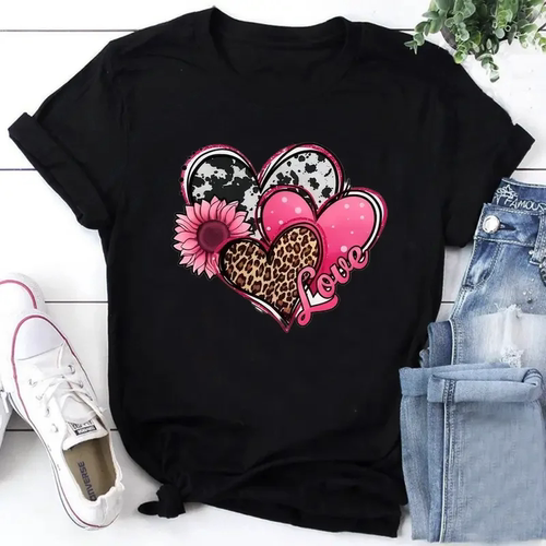 Heart & Sunflower T shirt 夏季女装T恤爱心太阳花印花女士T恤