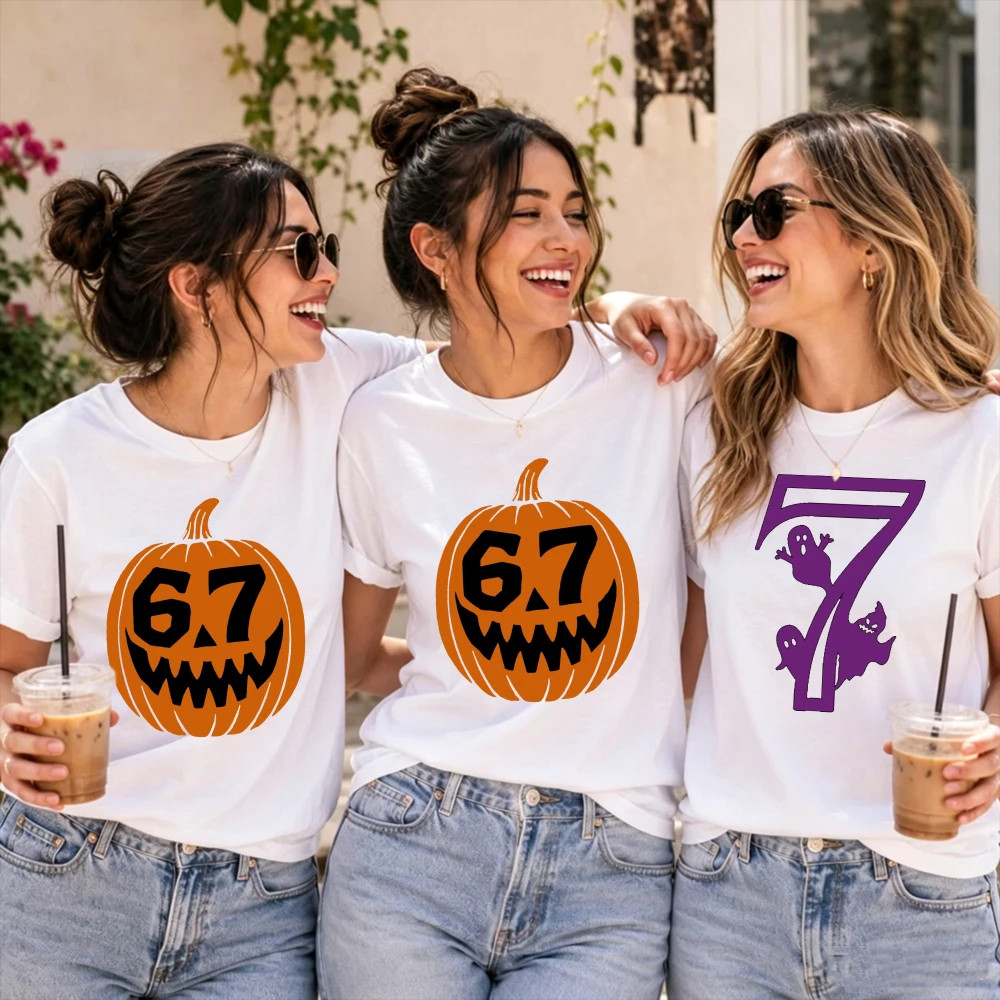 Halloween T Shirt 万圣节南瓜印花数字67短袖T恤男女情侣装上衣