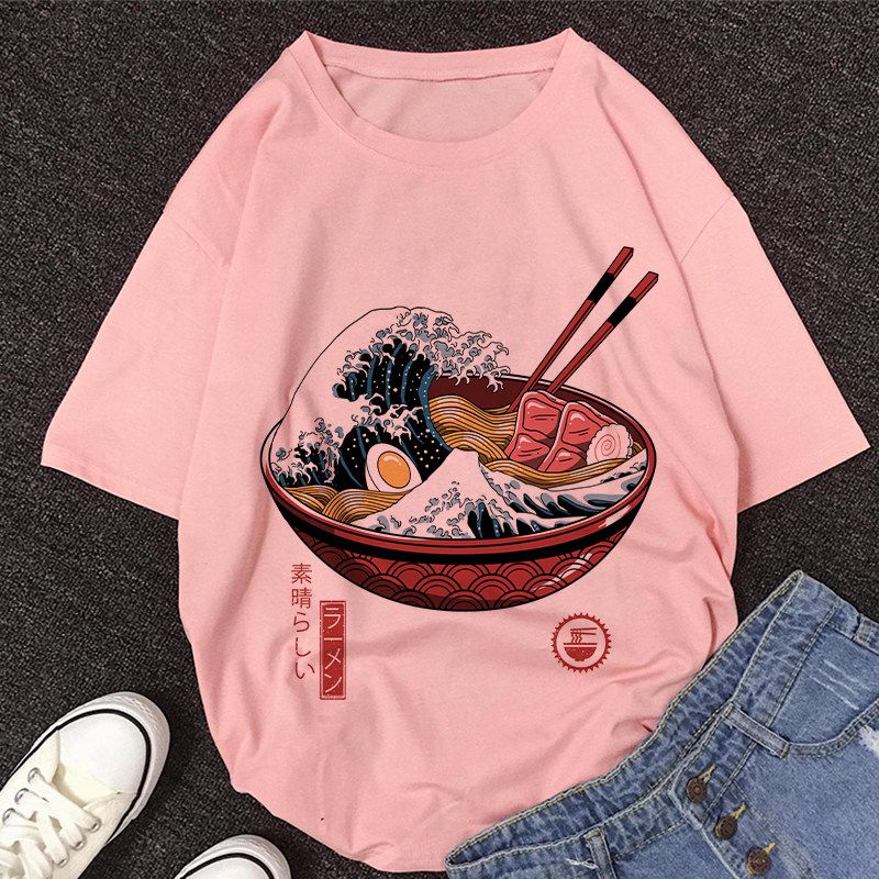 Weave Tshirt 时尚粉色短袖T恤女个性波浪面条日系风半袖体恤衫