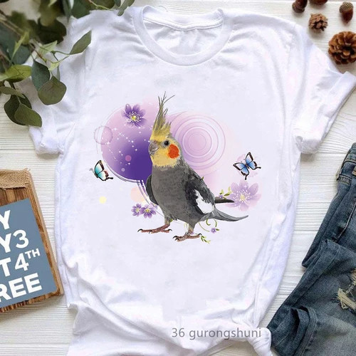 Parrot T shirt 新款卡通鹦鹉印花T恤女街头清新简约宽女装上衣