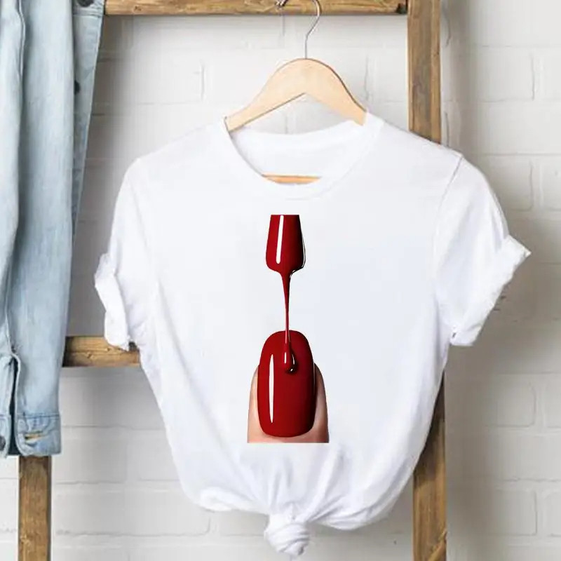 Nail Tshirt 新款女士T恤个性指甲油印花圆领短袖T恤女百搭上衣