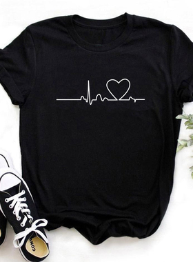 Heart Tshirt Women 夏季时尚简约黑色T恤女爱心心电图潮流短袖衫