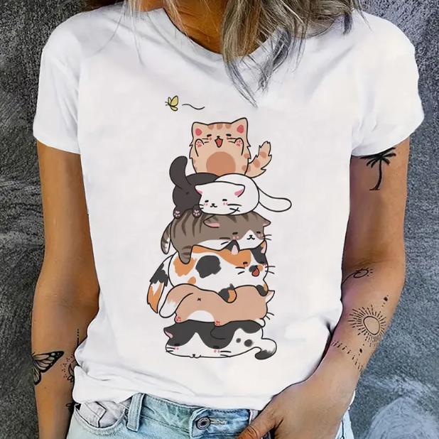 Cat T shirt 卡通可爱猫咪印花女士圆领短袖T恤休闲大码亲子装